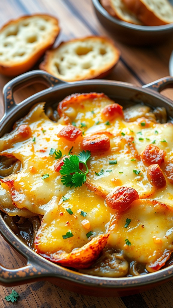 A bubbling French onion soup casserole with melted cheese and caramelized onions, garnished with parsley, served in a rustic dish.